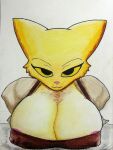  2023 anthro bedroom_eyes bethesda_softworks big_breasts breasts clothed clothing felid female hi_res katia_managan khajiit leaning leaning_forward looking_at_viewer mammal narrowed_eyes prequel_adventure seductive simple_background solo the_elder_scrolls traditional_media_(artwork) visible_areola webcomic xoxmatch_(artist) yellow_body yellow_eyes 