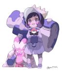  1girl :d arm_up artist_name bangs black_eyes black_gloves black_hair blue_dress blue_footwear blue_headwear blunt_bangs blush blush_stickers bonnet cardigan dress eyelashes full_body gloves ha01ru28 hammer highres holding holding_hammer holding_poke_ball long_sleeves open_mouth pantyhose poke_ball pokemon pokemon_(creature) pokemon_(game) pokemon_sv poppy_(pokemon) purple_eyes shoes short_hair sidelocks simple_background smile teeth tinkaton twitter_username upper_teeth_only v-shaped_eyebrows 