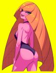  artist_name ass bare_back blonde_hair blue_eyes breasts frankgallaxx hair_over_one_eye hand_on_own_thigh long_hair looking_at_viewer looking_back lusamine_(pokemon) one-piece_swimsuit open_mouth pokemon pokemon_(game) pokemon_sm small_breasts swimsuit very_long_hair yellow_background 