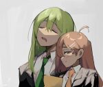  1boy 1girl ahoge black_jacket blue_eyes blush brown_hair brown_necktie closed_mouth collared_shirt green_hair green_necktie grey_background hair_between_eyes hair_ornament hairclip hod_(project_moon) jacket lobotomy_corporation long_hair long_sleeves looking_at_viewer mu46016419 necktie netzach_(project_moon) project_moon shirt sidelocks simple_background smile upper_body very_long_hair white_shirt 