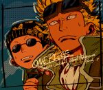  ... 2boys aged_down alternate_costume bandana black_eyes blonde_hair closed_mouth commentary_request denjirou_(one_piece) english_text goggles goggles_on_head highres kinemon larugo0513 male_focus medium_hair multiple_boys one_piece parody round_eyewear sunglasses teeth 