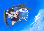  2girls :d above_clouds artist_name barefoot bird_wings black_hair black_skirt black_wings blue_bow blue_dress blue_eyes blue_hair blue_sky bow brown_footwear card cirno cloud commentary_request dress flying full_body hair_bow hat highres holding holding_card ice ice_wings looking_at_another multiple_girls neck_ribbon open_mouth pinafore_dress puffy_short_sleeves puffy_sleeves red_eyes red_headwear red_ribbon ribbon shameimaru_aya shirt short_sleeves signature siyumu skirt sky sleeveless sleeveless_dress smile tokin_hat touhou twitter_username white_shirt wings 