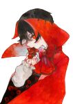  1boy black_hair blood blood_on_hands cape commentary_request flower highres library_of_ruina long_sleeves male_focus mochigome_138 multicolored_hair neck_ribbon nosferatu_(project_moon) painting_(medium) project_moon red_cape red_eyes red_flower red_hair red_ribbon red_rose ribbon rose shirt short_hair simple_background solo traditional_media watercolor_(medium) white_background white_shirt 