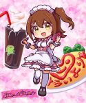  1girl apron back_bow black_footwear bow bowtie brown_hair chupacabra_(idolmaster) commentary dot_nose dress drink drinking_straw food frills hair_between_eyes hair_ornament hairclip heart holding holding_notebook holding_pen idolmaster idolmaster_million_live! idolmaster_million_live!_theater_days kasuga_mirai kowakawa_kaeru light_blush looking_at_viewer maid_headdress medium_hair notebook official_alternate_costume omelet omurice open_mouth pen pink_background pink_bow pink_bowtie pink_dress puffy_short_sleeves puffy_sleeves shirt short_sleeves side_ponytail sidelocks signature smile solo sparkle_background standing standing_on_one_leg sticker teeth thighhighs upper_teeth_only waist_apron waitress whipped_cream white_apron white_bow white_shirt white_thighhighs yellow_eyes zettai_ryouiki 