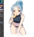  1girl 3bai_kaiouken :o animification art_program_in_frame bikini bikini_bottom_only black_bikini blue_eyes blue_hair blush commentary cropped_shirt hair_behind_ear hair_bun highres holding_popsicle jett_(valorant) looking_at_viewer navel open_mouth single_hair_bun sketch solo swimsuit symbol-only_commentary unfinished valorant white_background 