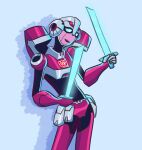  1girl alien arcee armor autobot blue_eyes breasts energy_sword humanoid_robot laqueusaxolotl panties pink_lips pink_panties robot simple_background smile solo sword transformers transformers_animated underwear weapon white_background 