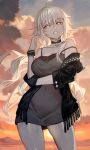  1girl ahoge breasts choker collarbone commentary covered_navel cowboy_shot cross cross_choker dress fate/grand_order fate_(series) grey_dress highres jeanne_d&#039;arc_alter_(avenger)_(fate) jeanne_d&#039;arc_alter_(fate) lack large_breasts long_hair off_shoulder strap_slip studded_bracelet sunset white_hair yellow_eyes 