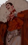  1boy absurdres black_hair blood blood_on_clothes blood_on_face blood_on_hands bodysuit cape covered_abs crystallakec facial_hair fur-trimmed_cape fur_trim highres invincible_(series) large_pectorals looking_at_viewer male_focus muscular muscular_male mustache nolan_grayson omni-man pectorals red_bodysuit red_cape short_hair solo two-tone_bodysuit white_bodysuit 