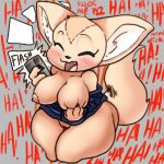  aggretsuko apsel_bluestar big_breasts breasts cables canid canine clothed clothing female fennec fenneko fox jacket laugh mammal no_underwear sanrio short_stack simple_background solo solo_focus tail thick_thighs topwear wide_hips 