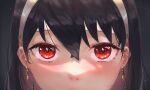  1girl black_hair blush close-up earrings embarrassed hair_between_eyes hairband jewelry long_hair looking_at_viewer nose_blush paid_reward_available red_eyes solo spy_x_family white_hairband yawww_(yawwwart) yor_briar 