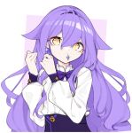  1girl absurdres bow bowtie earrings error1980 hair_between_eyes hands_up highres honkai_(series) honkai_impact_3rd jewelry long_hair long_sleeves looking_at_viewer mouth_hold pink_background purple_bow purple_bowtie purple_hair shirt sirin solo two-tone_background upper_body white_background white_shirt yellow_eyes 