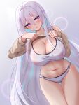  1girl :o absurdres azur_lane blue_hair blush breasts brown_sweater cleavage clothes_lift commentary_request gradient_background hair_between_eyes highres kearsarge_(azur_lane) large_breasts long_hair long_sleeves looking_at_viewer multicolored_hair navel nipples open_mouth panties purple_eyes qian_hen see-through_bra sidelocks solo sports_bra standing sweater sweater_lift thigh_gap two-tone_hair underwear variant_set very_long_hair white_hair white_panties white_sports_bra 