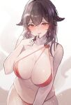  1girl azur_lane bare_shoulders bikini black_hair blush breasts cleavage commentary_request large_breasts long_hair looking_at_viewer navel parted_lips red_bikini red_eyes royal_fortune_(azur_lane) sea_nami signature smile swimsuit tentacle_hair tentacles wet 