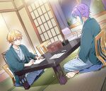  2boys aqua_hair barefoot blonde_hair chair closed_mouth commentary_request crossed_legs curtains gradient_hair hair_between_eyes highres holding holding_pen ichigo_ichie_na_hyakki_yagyou!?_(project_sekai) indoors iwatnc japanese_clothes kamishiro_rui korean_commentary long_sleeves looking_at_viewer male_focus multicolored_hair multiple_boys orange_hair paper pen project_sekai purple_hair short_hair sitting split_mouth streaked_hair table tenma_tsukasa two-tone_hair window writing 