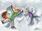  anthro canid canine clothed clothing disney female fox hi_res judy_hopps lagomorph leporid link6432 male mammal nick_wilde rabbit red_fox simple_background snow wildehopps zootopia 