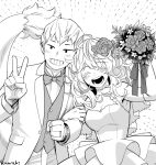  1boy 1girl ^_^ arm_grab arm_up armpit_peek artist_name bare_shoulders blush boku_no_hero_academia bouquet bow bowtie breasts bridal_veil buttons check_clothing cleavage clenched_hand closed_eyes clothing_cutout dotted_line dress elbow_gloves emphasis_lines eyelashes flower flower_request fur-tipped_tail gloves greyscale grin hagakure_tooru hair_flower hair_ornament hand_up hands_up happy head_tilt hetero holding holding_bouquet jewelry kamichi_ka lapels leaning_to_the_side locked_arms looking_ahead medium_hair messy_hair monochrome no_sclera notched_lapels ojiro_mashirao open_mouth pants ring rose shirt short_eyebrows short_hair side-by-side sleeveless sleeveless_dress smile suit suit_jacket tail thick_eyelashes tuxedo unusually_visible upper_body v veil waistcoat wedding wedding_ring white_background 
