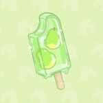  animal_crossing artist_name commentary dripping english_commentary food food_focus fruit green_background jasmine_(atrela.designs) leaf leaf_background no_humans patterned_background pear popsicle popsicle_stick sparkle watermark 