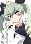  1girl anchovy_(girls_und_panzer) black_cape black_ribbon cape closed_mouth commentary_request girls_und_panzer green_eyes hair_between_eyes hair_ribbon ixy long_hair ribbon shirt simple_background smile solo twintails white_background white_shirt 