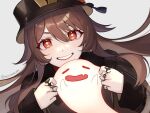  1girl boo_tao_(genshin_impact) brown_hair cheek_pull fang flower flower-shaped_pupils genshin_impact ghost grin hair_between_eyes hat highres hu_tao_(genshin_impact) jewelry long_hair mirin. multiple_rings plum_blossoms red_eyes ring skin_fang smile solo symbol-shaped_pupils twintails twitter_username 