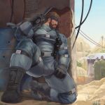  bara benoit black_bodysuit bodysuit bulge facial_hair highres mature_male metal_gear_(series) metal_gear_solid muscular muscular_male pectorals skin_tight solid_snake thick_thighs thighs 