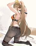  1girl absurdres alternate_costume arknights bracelet cmdr_saturn elf english_commentary feather_hair_ornament feathers from_behind green_hair hair_ornament highres infection_monitor_(arknights) jewelry long_hair muelsyse_(arknights) pants pointy_ears rhine_lab_logo solo sports_bra yoga_pants 