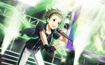  1boy ahoge black_gloves fingerless_gloves fingernails gloves green_eyes green_hair highres holding holding_microphone idolmaster idolmaster_side-m idolmaster_side-m_live_on_stage! jacket male_focus microphone mitarai_shouta official_art open_clothes open_jacket pants short_sleeves single_glove stage_lights 