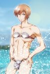  &gt;:) 1boy abs arm_at_side bikini blurry blurry_background brown_hair ca2la closed_mouth collarbone commentary_request commission day hand_on_own_hip highres little_busters! looking_at_viewer natsume_kyousuke navel o-ring o-ring_bikini outdoors red_eyes shell shell_bikini short_hair smile solo standing stomach swimsuit the_birth_of_venus v-shaped_eyebrows water water_drop 
