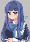  1girl blue_bow blue_bowtie blue_hair blunt_bangs blush bow bowtie closed_mouth crossed_arms expressionless eyelashes fingernails frederica_bernkastel frilled_sleeves frills grey_background heart highres long_hair nauka puffy_sleeves purple_eyes sideways_glance simple_background solo straight_hair two-tone_dress umineko_no_naku_koro_ni upper_body white_sleeves 