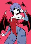  1girl akableak animal_print bare_shoulders bat_print bat_wings blue_gloves breasts cleavage cleavage_cutout closed_mouth clothing_cutout collarbone commentary elbow_gloves frown gloves hair_between_eyes head_wings highres leotard lilith_aensland purple_hair red_background red_eyes red_leotard short_hair solo thighs vampire_(game) wings 
