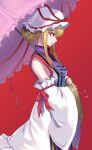  1girl blonde_hair breasts commentary_request cowboy_shot detached_sleeves dress from_side hat hat_ribbon highres holding holding_umbrella mob_cap parasol purple_eyes purple_tabard re_(re_09) red_background red_ribbon ribbon ribbon-trimmed_sleeves ribbon_trim sidelocks solo tabard touhou umbrella white_dress wide_sleeves yakumo_yukari 