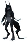  2015 akrolayn anthro black_body black_claws black_fur black_hair black_pussy black_tail blue_eyes blue_highlights blue_pawpads breasts calf_tuft canid canine claws digital_media_(artwork) featureless_breasts female full-length_portrait fur genitals geodis grey_body grey_fur hair hi_res highlights_(coloring) humanoid_hands leg_tuft long_hair mammal navel pawpads portrait pussy simple_background solo standing tail three-quarter_view toe_claws tuft white_background 