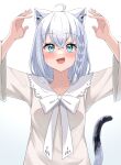  1girl aica_61 animal_ear_fluff animal_ears arms_up blush braid cat_day cat_ears cat_girl cat_tail commentary_request green_eyes hair_between_eyes highres hololive long_hair looking_at_viewer open_mouth shirakami_fubuki shirt sidelocks simple_background single_braid solo sweatdrop tail virtual_youtuber white_background white_hair white_shirt 