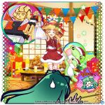  ! !! 2girls :d alternate_costume blonde_hair brown_headwear chibi chibi_inset closed_eyes commentary copyright_name cup drinking_glass english_commentary food frog_hair_ornament full_body fur_trim game_cg gift green_hair hair_ornament hisou_tensoku indoors kochiya_sanae long_hair long_sleeves medium_hair moriya_suwako moriya_suwako_(i_bet_this_is_what_sanae_wants!) multiple_girls open_mouth red_skirt red_thighhighs red_vest rotte_(1109) sidelocks skirt smile star_(symbol) striped striped_thighhighs stuffed_animal stuffed_frog stuffed_toy sweatdrop table thighhighs third-party_source touhou touhou_lost_word vest white_thighhighs wide_sleeves 
