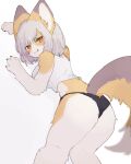 1girl :3 animal_ears ass body_fur breasts crop_top furry furry_female large_breasts licking_lips orange_eyes original panties pemi_(spommmm) solo tail tongue tongue_out underwear white_background white_hair 