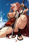 1girl baiken blue_sky breasts cleavage closed_mouth cloud cloudy_sky day feet guilty_gear guilty_gear_strive highres holding holding_sword holding_weapon jako_(toyprn) katana large_breasts long_hair one_eye_closed outdoors pink_eyes pink_hair sash scar scar_across_eye short_hair side_ponytail sky solo squatting sweat sword toeless_footwear toenails toes weapon 