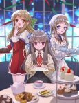  3girls :d air_(visual_novel) apron blue_eyes blue_ribbon blush bow brown_hair capelet clannad commentary_request cowboy_shot cross_print crossover cup dress food frilled_apron frills green_bow hair_between_eyes hair_bow hair_ribbon hand_to_own_mouth hand_up holding holding_paper holding_tray indoors kanon key_(company) kurata_sayuri light_brown_hair light_particles long_hair long_sleeves looking_at_viewer miyazawa_yukine miyoshino multiple_crossover multiple_girls necktie night open_mouth orange_eyes paper plaid plaid_bow purple_eyes red_dress red_necktie ribbon sailor_collar school_uniform short_necktie sidelocks sitting smile standing straight-on straight_hair sweets table tea teacup teapot toono_minagi tray white_apron white_capelet white_sailor_collar 