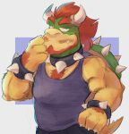  4_fingers alexiswolfy_(artist) anthro beard black_bottomwear black_clothing black_pants body_hair bottomwear bowser bracelet casual_clothing chest_hair claws clothing collar eyebrows facial_hair fingers goatee hair hairy half-closed_eyes horn jewelry koopa male mario_bros narrowed_eyes nintendo pants purple_clothing red_hair reptile scalie shell solo spiked_bracelet spiked_collar spiked_shell spikes spikes_(anatomy) thick_eyebrows yellow_body 