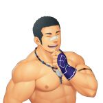  1boy ^_^ abs ainu ainu_clothes bandaid bandaid_on_face bandaid_on_nose bara bead_necklace beads black_hair buzz_cut closed_eyes facial_hair goatee gyee hand_on_own_chin itto_(mentaiko) jewelry kamui_(gyee) large_pectorals long_sideburns male_focus mature_male muscular muscular_male necklace nipples no_headwear nude pectorals short_hair sideburns smile solo stroking_own_chin stubble thick_arms thick_eyebrows upper_body very_short_hair 