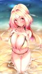  1girl absurdres bare_shoulders beach bikini blonde_hair blush breast_suppress breasts breasts_squeezed_together cleavage closed_mouth collarbone from_above hair_intakes halterneck hands_up heart heart_stickers highres huge_breasts kaede_acer large_breasts long_hair looking_away looking_to_the_side multicolored_hair navel orange_eyes original parted_bangs parted_hair pink_hair seiza signature sitting skindentation smile solo swimsuit tareme two-tone_hair water yellow_bikini 
