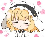  1girl :3 black_hairband blonde_hair blush center_frills chibi closed_eyes closed_mouth commentary_request fleur_de_lapin_uniform floral_background frilled_hairband frills gochuumon_wa_usagi_desu_ka? hairband kirima_syaro mitya puffy_short_sleeves puffy_sleeves shirt short_sleeves simple_background solo twitter_username upper_body white_background white_shirt 