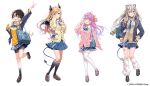  4girls animal_ears anzu_1026 black_footwear black_jacket black_socks blazer blonde_hair blue_bow blue_bowtie blue_necktie blue_skirt bow bowtie brown_cardigan brown_footwear brown_hair cardigan collared_shirt commentary_request demon_girl demon_horns demon_tail demon_wings full_body grey_hair hair_over_wings hand_on_own_hip hand_up highres himemori_luna hololive hood hooded_sweater horns jacket kneehighs lion_ears lion_girl lion_tail loafers long_hair looking_at_viewer loose_socks miniskirt multiple_girls necktie official_alternate_costume official_art oozora_subaru pink_cardigan pink_footwear pink_hair plaid plaid_skirt pleated_skirt school_uniform shirt shishiro_botan shoes short_hair simple_background skirt smile socks sweater tail thighhighs v virtual_youtuber white_background white_shirt white_socks white_thighhighs wings yellow_cardigan yellow_sweater yuzuki_choco 