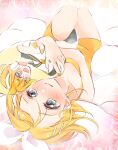 1girl aqua_eyes bare_arms bare_legs bare_shoulders blonde_hair blush bow character_print closed_mouth dakimakura_(object) hair_bow hair_ornament hairclip highres holding holding_pillow hugging_object kagamine_len kagamine_rin light_smile looking_at_viewer lying mimi_mine on_back pajamas pillow pillow_hug pink_background quilt short_hair shorts smile solo sparkle_background vocaloid white_bow yellow_nails yellow_pajamas yellow_shorts 