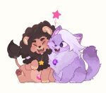  1boy 1girl ;d amethyst_(steven_universe) animal animal_focus animalization cat cheek-to-cheek cheek_press closed_eyes fangs full_body gem heads_together highres hua_hua_de_meme lion one_eye_closed open_mouth pink_gemstone purple_fur purple_gemstone red_fur sitting smile star_(symbol) steven_quartz_universe steven_universe white_background 