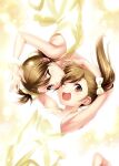  2girls :d arm_behind_head arm_up armpits blush bow breasts brown_eyes brown_hair camisole closed_mouth commentary_request eyelashes futami_ami futami_mami hair_between_eyes hair_bow head_scarf idolmaster idolmaster_(classic) long_hair looking_at_viewer multiple_girls one_eye_closed one_side_up open_mouth round_teeth siblings side_ponytail simple_background sisters small_breasts smile teeth twins upper_body upper_teeth_only v-shaped_eyebrows yellow_background yellow_bow yellow_camisole zen_(kamuro) 