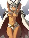  1girl :o arms_behind_head arms_up belly belt belt_bra breasts cape dark-skinned_female dark_skin distr guilty_gear guilty_gear_xrd hair_between_eyes hat highres huge_weapon large_breasts long_hair midriff navel open_mouth orange_eyes ramlethal_valentine sharp_teeth short_shorts shorts simple_background solo sword teeth thick_thighs thigh_gap thighs underboob weapon white_background white_cape white_hair 