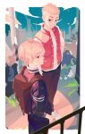  2boys backpack bag black_eyes black_jacket black_pants blonde_hair candy cowboy_shot day food full_body grin highres jacket lollipop long_sleeves male_focus mouth_hold multiple_boys outdoors pants profile red_vest ryuuguuji_ken sano_manjirou sebin_13 shirt shoes short_hair smile standing tokyo_revengers vest white_footwear white_shirt 