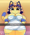  3_fingers animal_crossing ankha_(animal_crossing) anthro big_breasts blue_eyeshadow blue_hair body_wraps breasts clothed clothing digital_media_(artwork) domestic_cat dress english_text eyeshadow felid feline felis female filter fingers frown fur hair hands_on_hips hi_res looking_at_viewer makeup mammal nintendo onigiri_punch patreon pupils simple_background slit_pupils snapchat solo standing tail text thick_thighs topwear twitter wraps yellow_body yellow_fur 