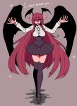  1girl black_skirt black_thighhighs black_wings blush breasts brown_background brown_footwear buttons collared_shirt commentary_request demon_girl demon_wings drooling english_text full_body hair_between_eyes hands_up head_wings heart high-waist_skirt highres koakuma kuri_dora loafers long_bangs long_hair long_sleeves looking_at_viewer medium_breasts open_mouth pleated_skirt red_eyes red_hair shirt shoes sidelocks simple_background skirt smile solo thighhighs touhou very_long_hair walking white_shirt wings 