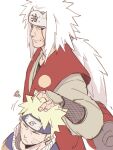  2boys asutora blonde_hair closed_eyes commentary_request forehead_protector hand_on_another&#039;s_head highres japanese_clothes jiraiya_(naruto) konohagakure_symbol male_focus multiple_boys naruto naruto_(series) short_hair simple_background uzumaki_naruto white_background white_hair 