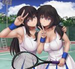  2girls armpits bare_shoulders black_hair blue_eyes breasts brown_hair cleavage cyclone_(reizei) dress large_breasts long_hair looking_at_viewer low_twintails multiple_girls original purple_eyes racket sleeveless tennis_racket twintails v 